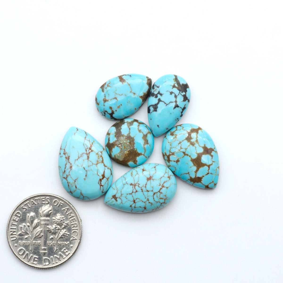 Number 8 Turquoise cabochons, blue and green color with brown matrix, polished stones on a white background, with a US dime for scale