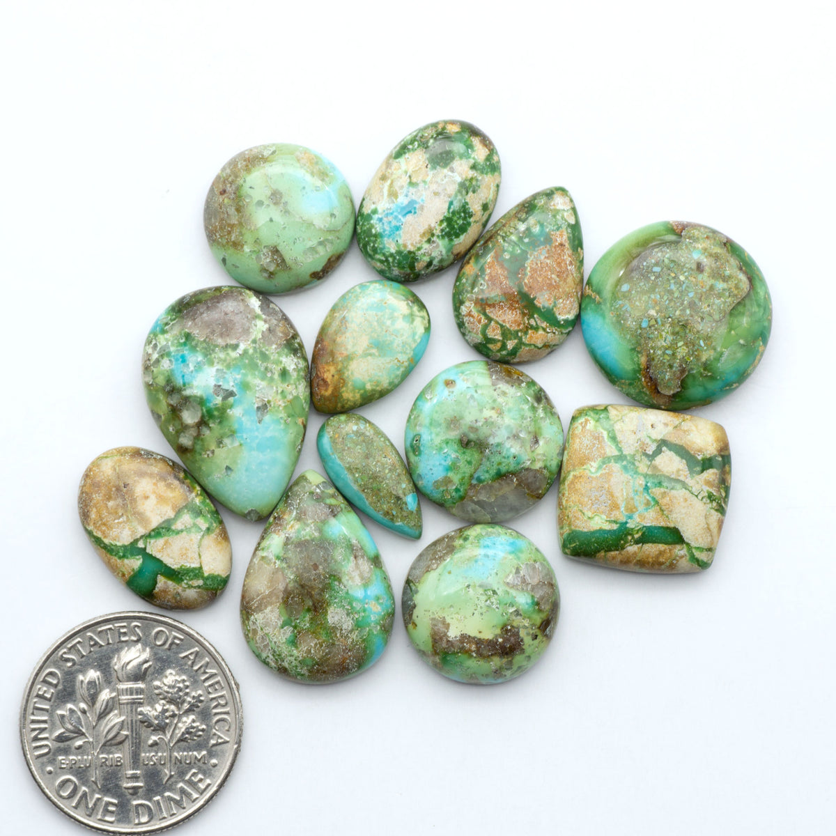 Sonoran Mountain Turquoise cabochons, blue-green color with natural matrix, polished stones on a white background, with a US dime for scale