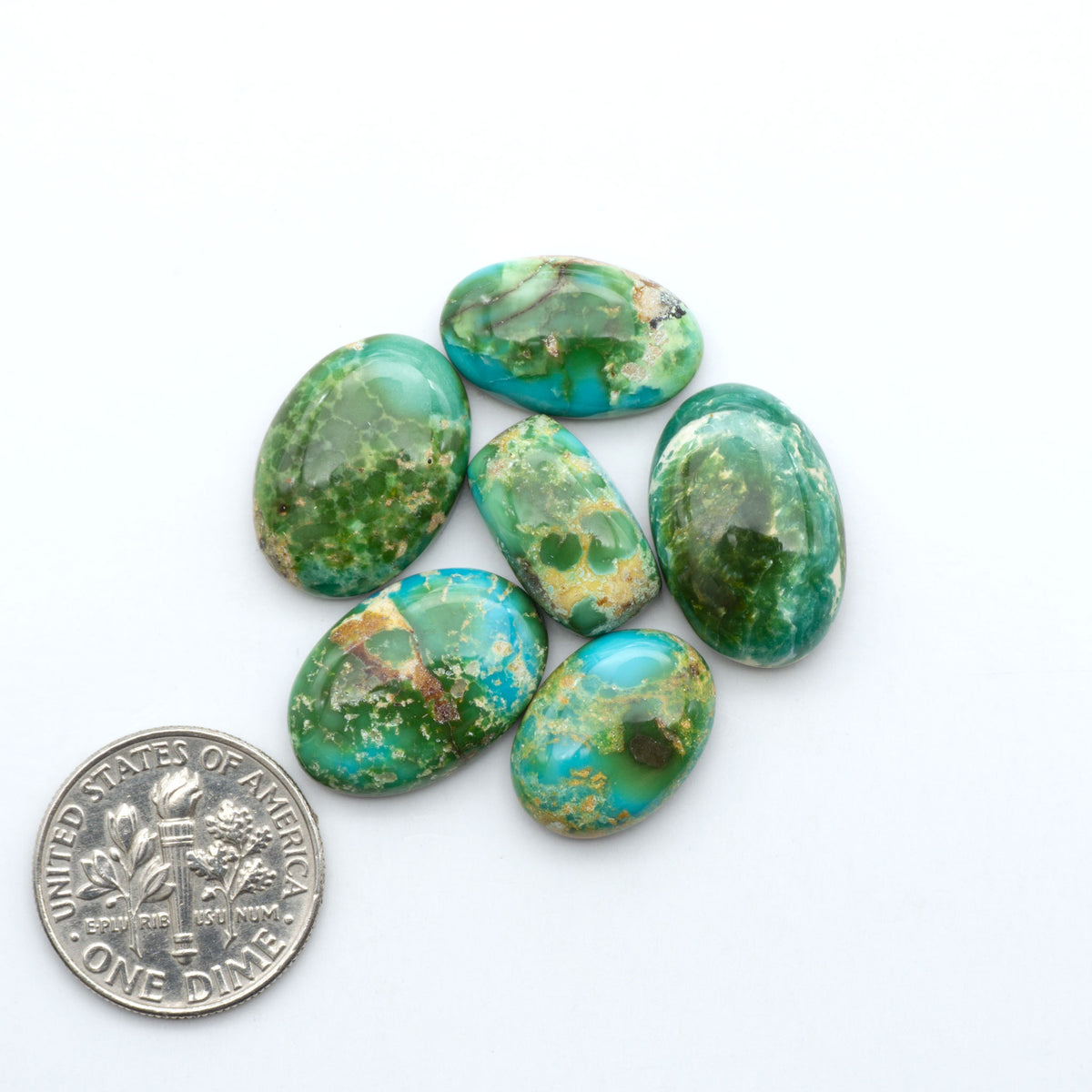 Sonoran Mountain Turquoise cabochons, blue-green color with natural matrix, polished stones on a white background, with a US dime for scale