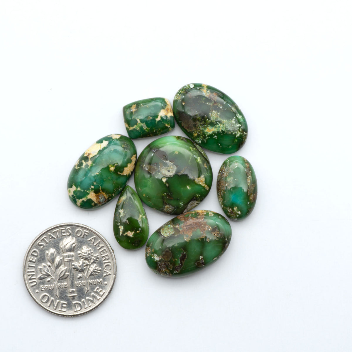 Sonoran Mountain Turquoise cabochons, blue-green color with natural matrix, polished stones on a white background, with a US dime for scale