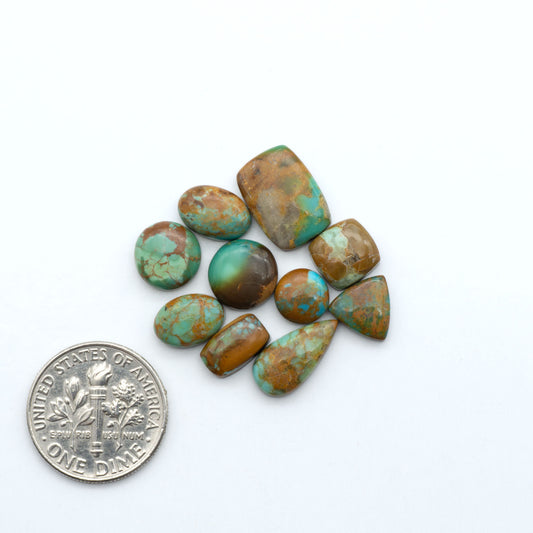 Kings Manassa Turquoise cabochons, polished green-blue gemstones with natural matrix on a white background with a US dime for scale