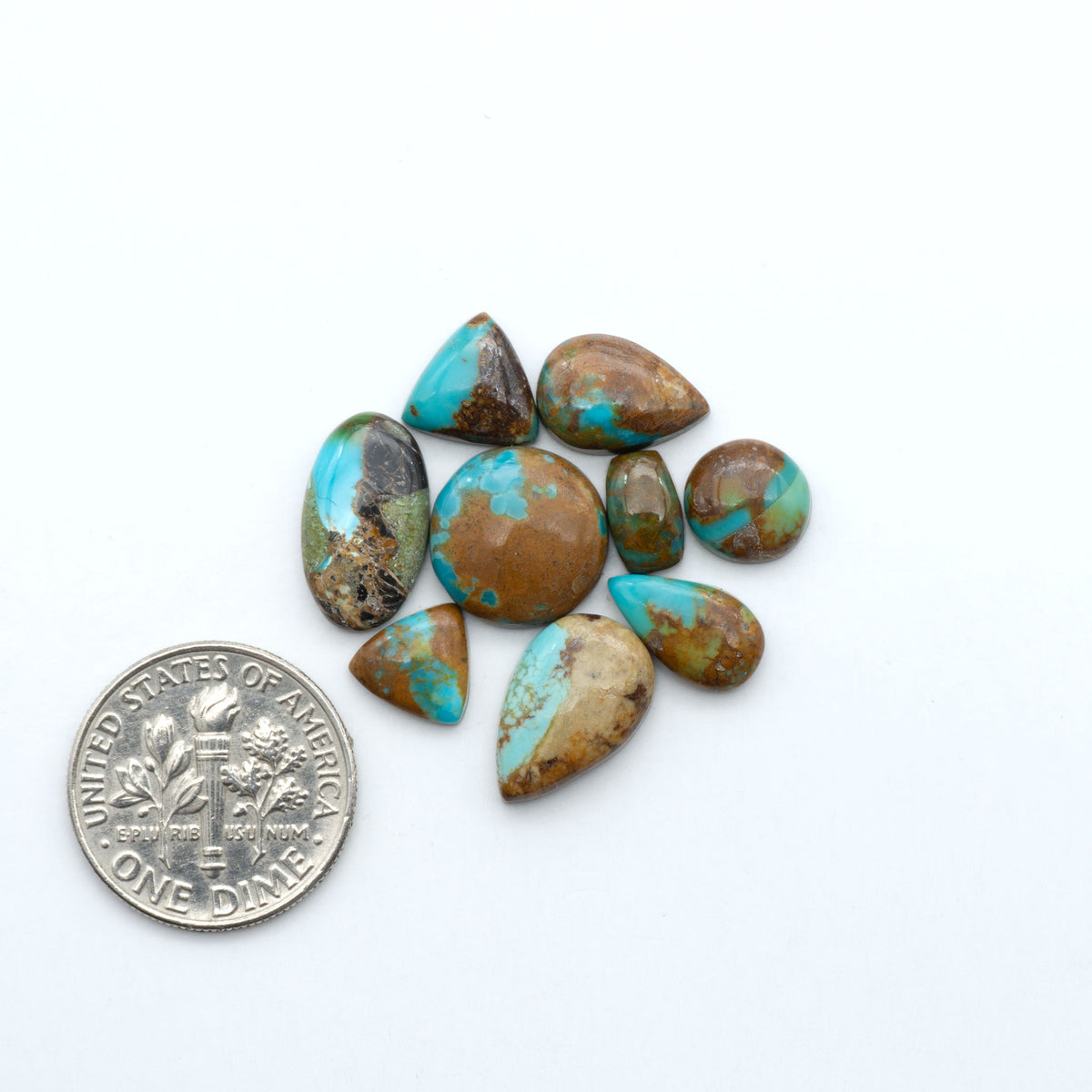 Kings Manassa Turquoise cabochons, polished green-blue gemstones with natural matrix on a white background with a US dime for scale