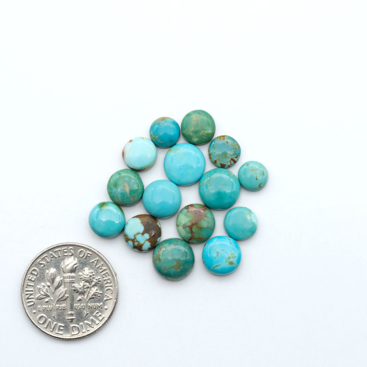 Kings Manassa Turquoise cabochons, polished green-blue gemstones with natural matrix on a white background with a US dime for scale