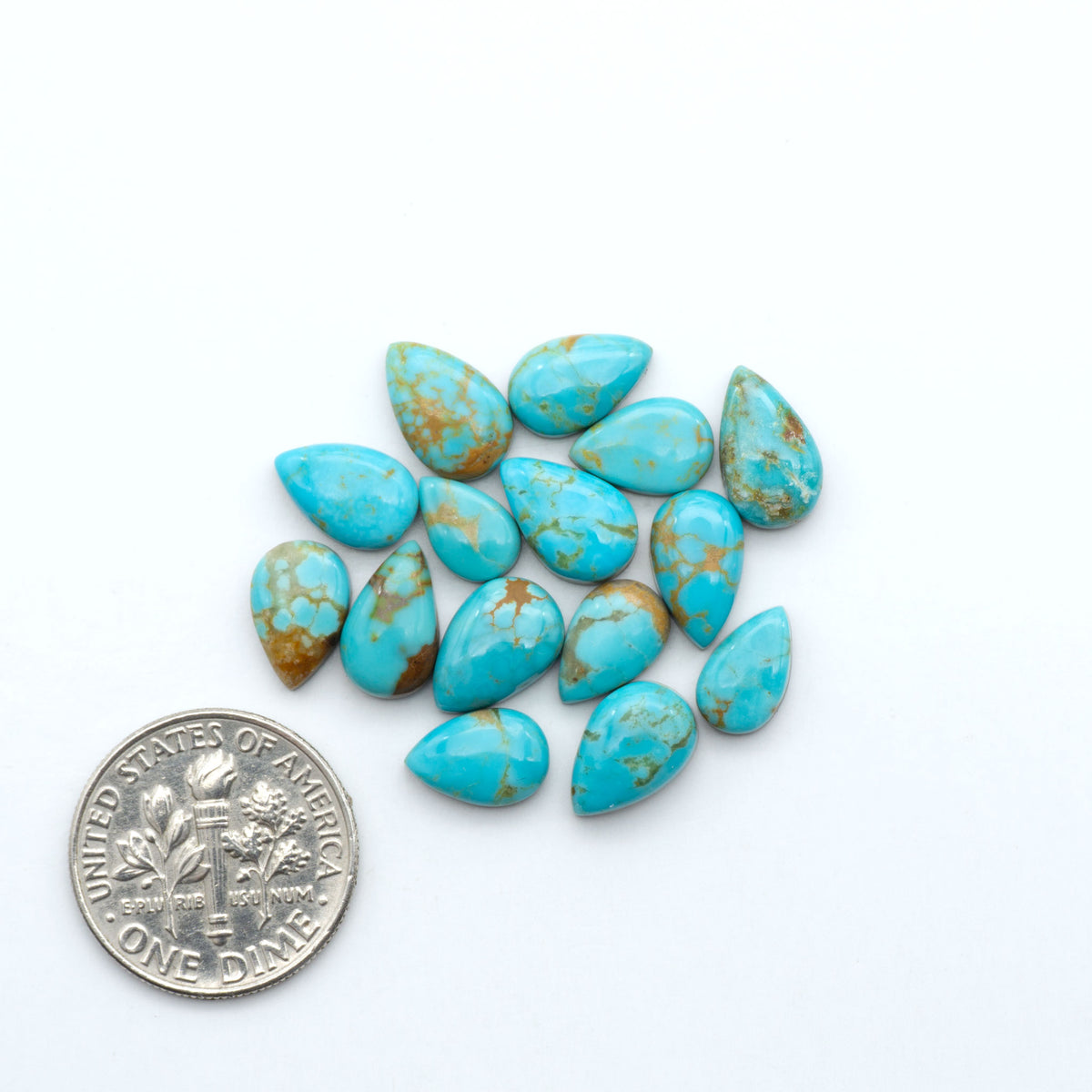 Kings Manassa Turquoise cabochons, polished green-blue gemstones with natural matrix on a white background with a US dime for scale