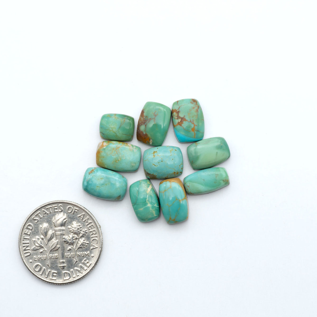 Kings Manassa Turquoise cabochons, polished green-blue gemstones with natural matrix on a white background with a US dime for scale
