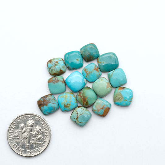 Kings Manassa Turquoise cabochons, polished green-blue gemstones with natural matrix on a white background with a US dime for scale
