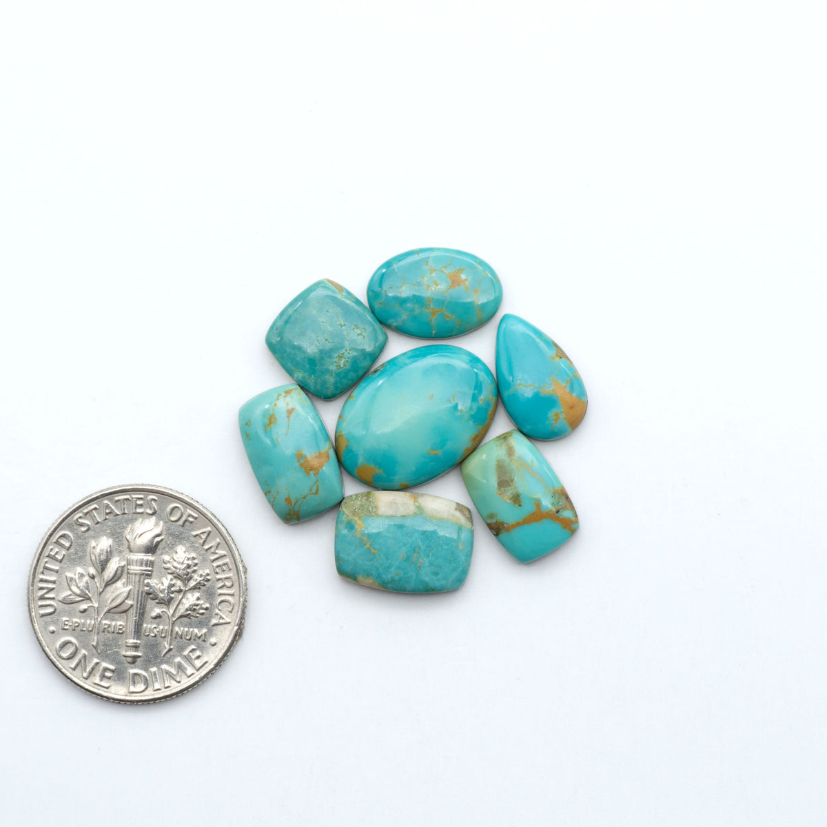 Kings Manassa Turquoise cabochons, polished green-blue gemstones with natural matrix on a white background with a US dime for scale