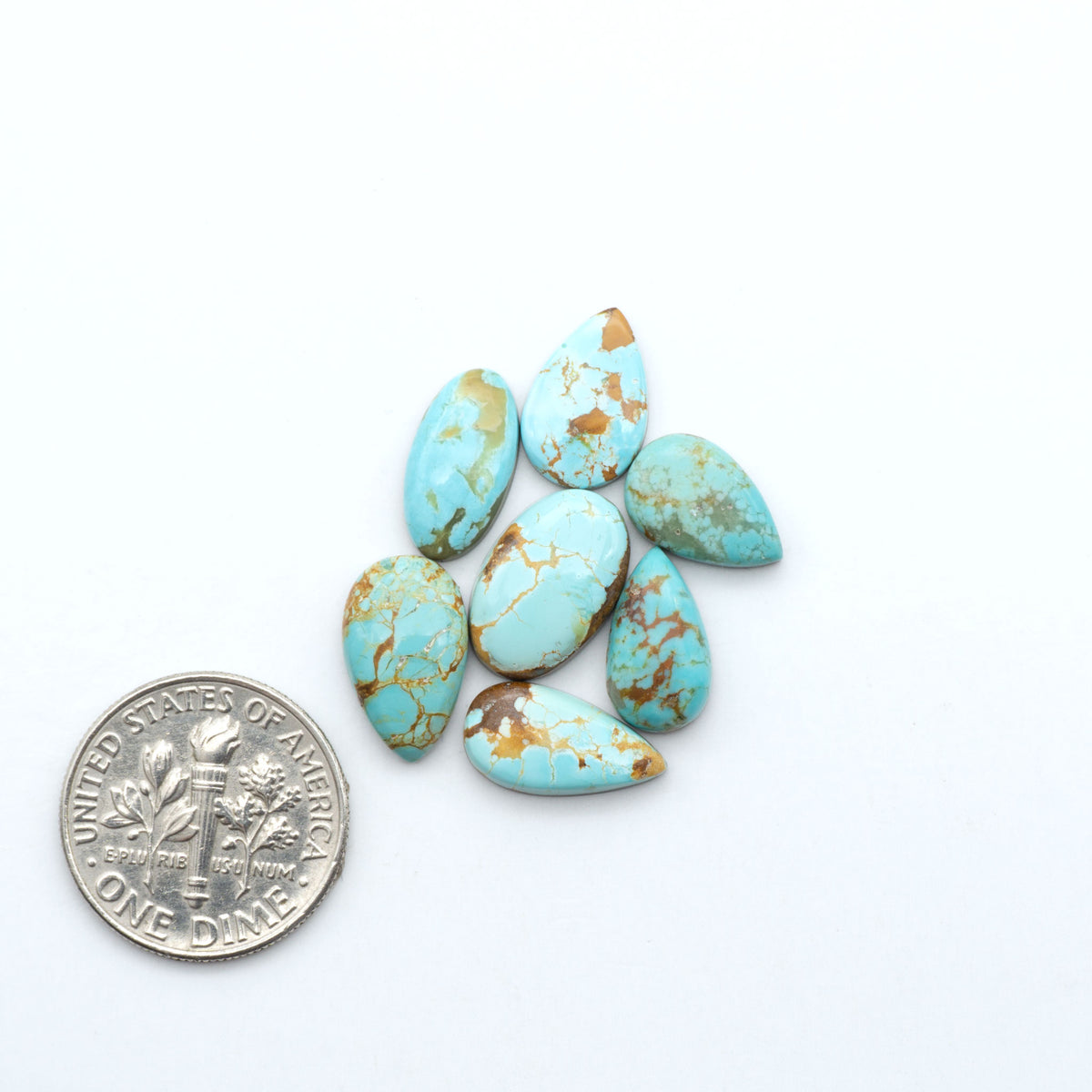 Kings Manassa Turquoise cabochons, polished green-blue gemstones with natural matrix on a white background with a US dime for scale