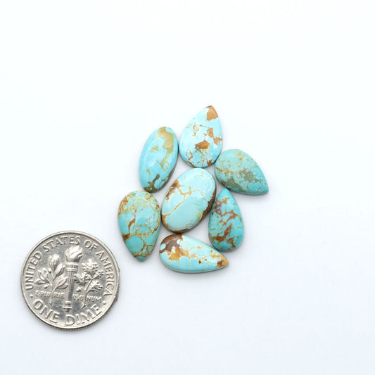 Kings Manassa Turquoise cabochons, polished green-blue gemstones with natural matrix on a white background with a US dime for scale
