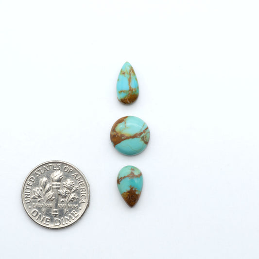 Kings Manassa Turquoise cabochons, polished green-blue gemstones with natural matrix on a white background with a US dime for scale