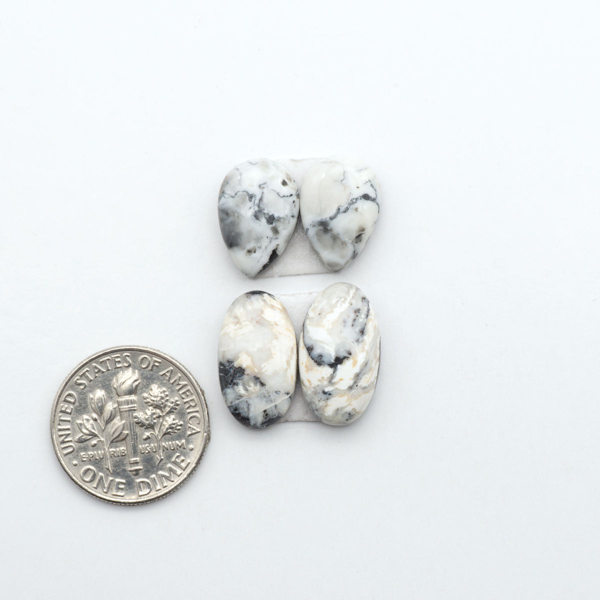 White Buffalo stone cabochons, white stone with black matrix, polished stones on a white background, with a US dime for scale