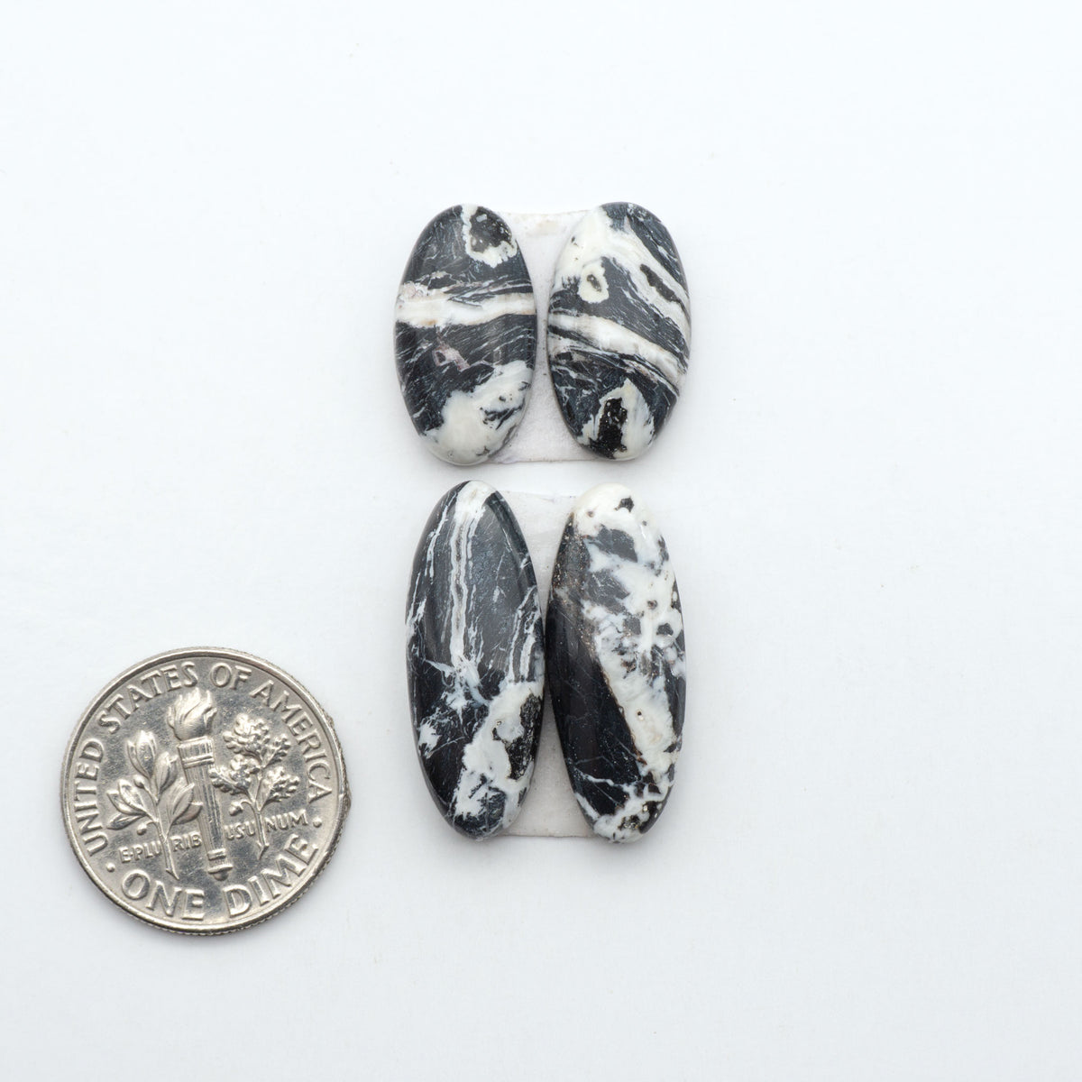 White Buffalo stone cabochons, white stone with black matrix, polished stones on a white background, with a US dime for scale