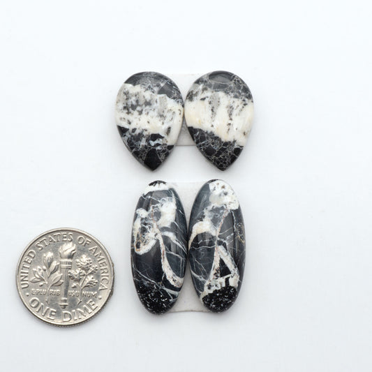 White Buffalo stone cabochons, white stone with black matrix, polished stones on a white background, with a US dime for scale