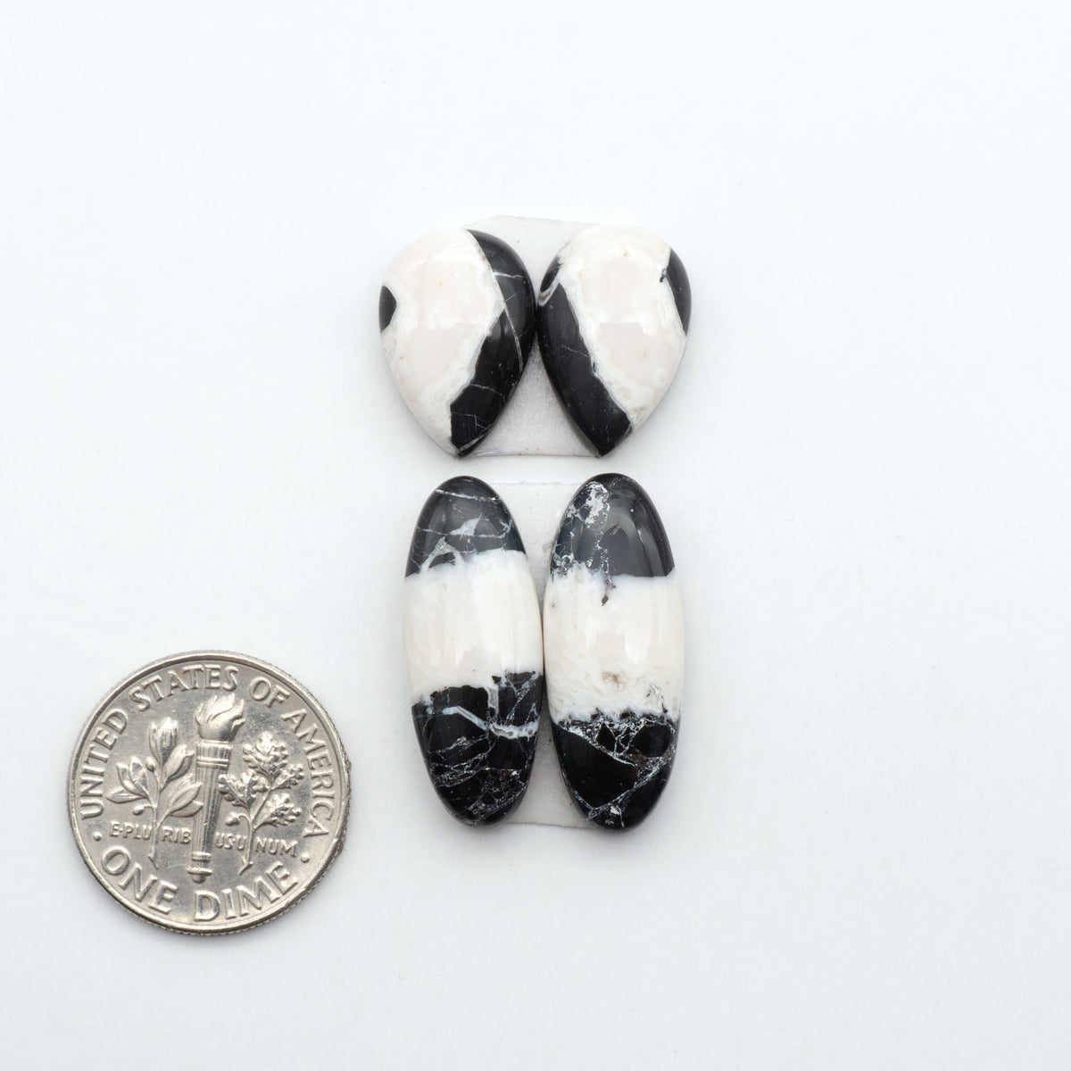 White Buffalo stone cabochons, white stone with black matrix, polished stones on a white background, with a US dime for scale