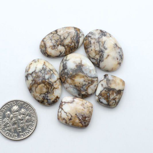 Wild Horse Magnesite cabochons, white gemstones with brown matrix on a white background, with a US dime for scale