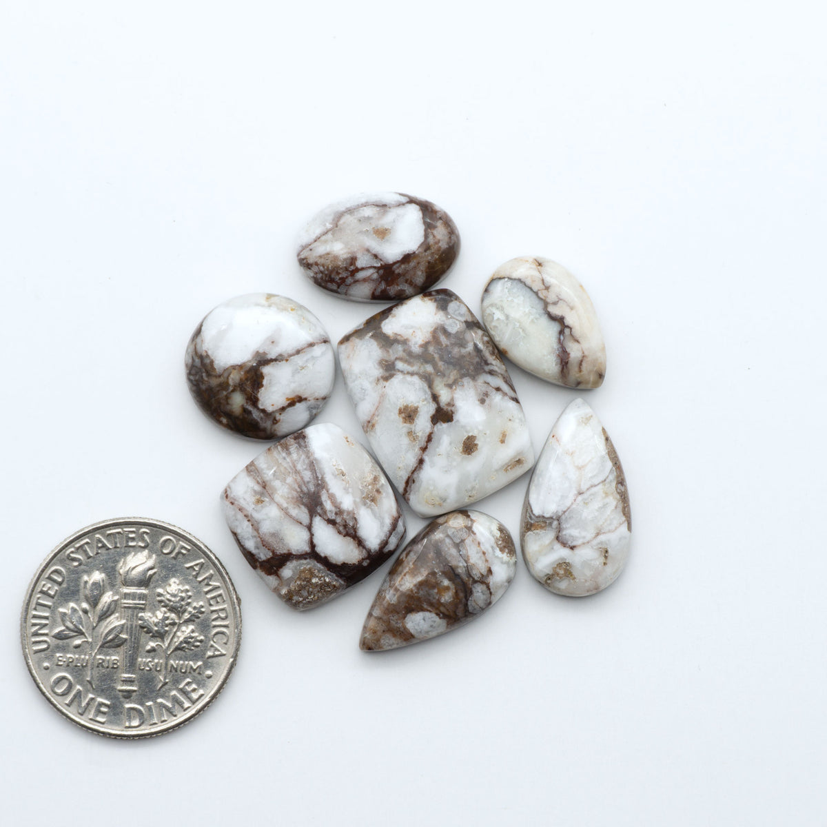 Wild Horse Magnesite cabochons, white gemstones with brown matrix on a white background, with a US dime for scale