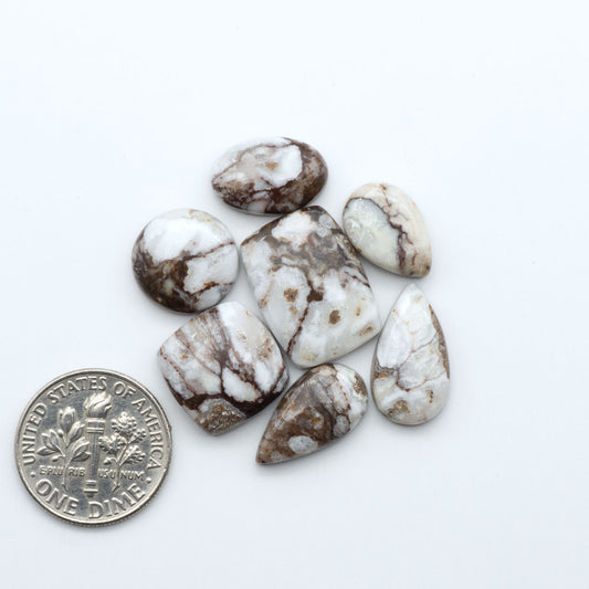 Wild Horse Magnesite cabochons, white gemstones with brown matrix on a white background, with a US dime for scale