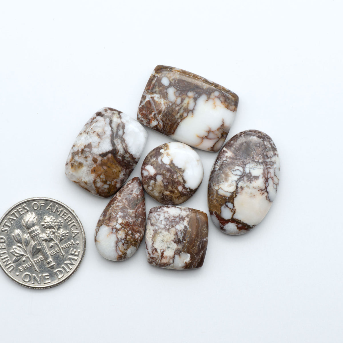 Wild Horse Magnesite cabochons, white gemstones with brown matrix on a white background, with a US dime for scale