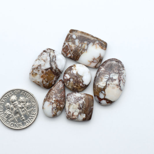 Wild Horse Magnesite cabochons, white gemstones with brown matrix on a white background, with a US dime for scale