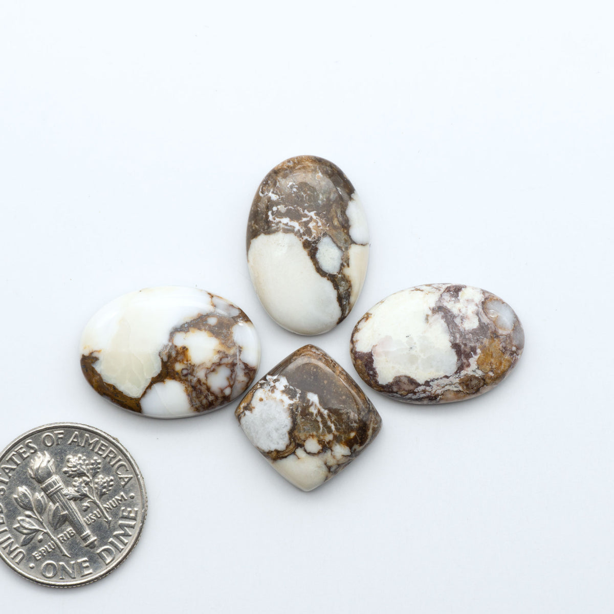 Wild Horse Magnesite cabochons, white gemstones with brown matrix on a white background, with a US dime for scale