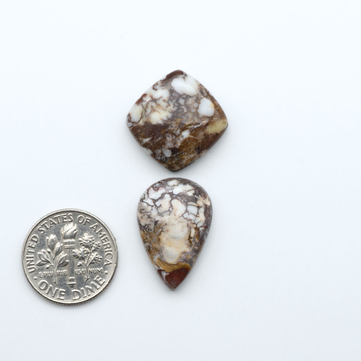 Wild Horse Magnesite cabochons, white gemstones with brown matrix on a white background, with a US dime for scale