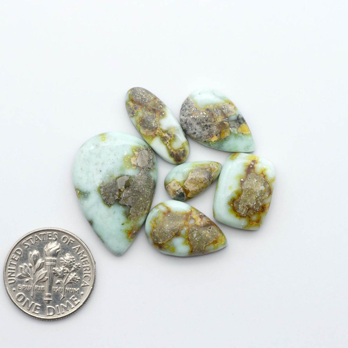 Palomino Variscite cabochons, polished yellow-green gemstones with natural matrix on a white background with a US dime for scale