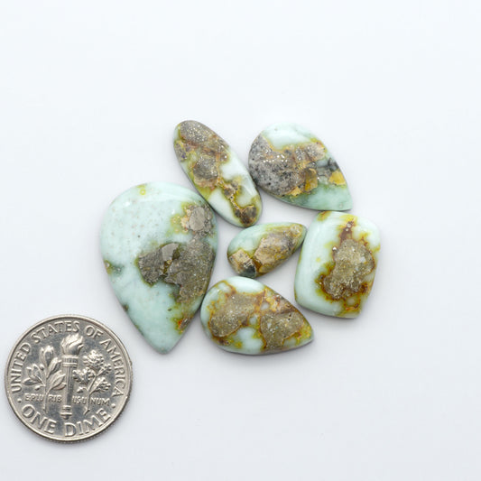 Palomino Variscite cabochons, polished yellow-green gemstones with natural matrix on a white background with a US dime for scale