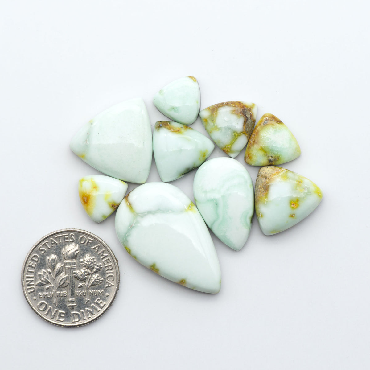 Palomino Variscite cabochons, polished yellow-green gemstones with natural matrix on a white background with a US dime for scale
