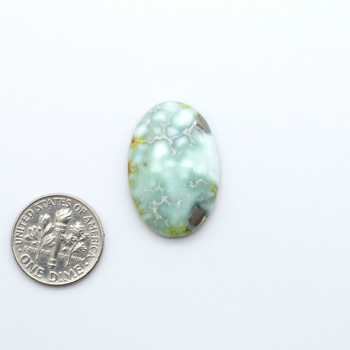 Palomino Variscite cabochons, polished yellow-green gemstones with natural matrix on a white background with a US dime for scale