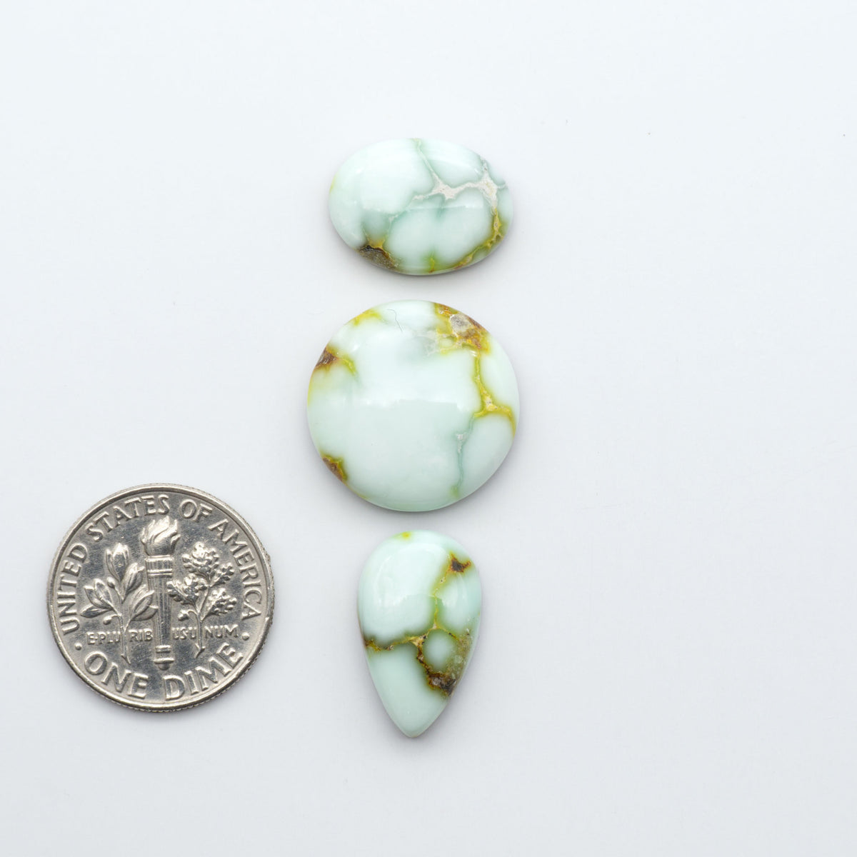 Palomino Variscite cabochons, polished yellow-green gemstones with natural matrix on a white background with a US dime for scale