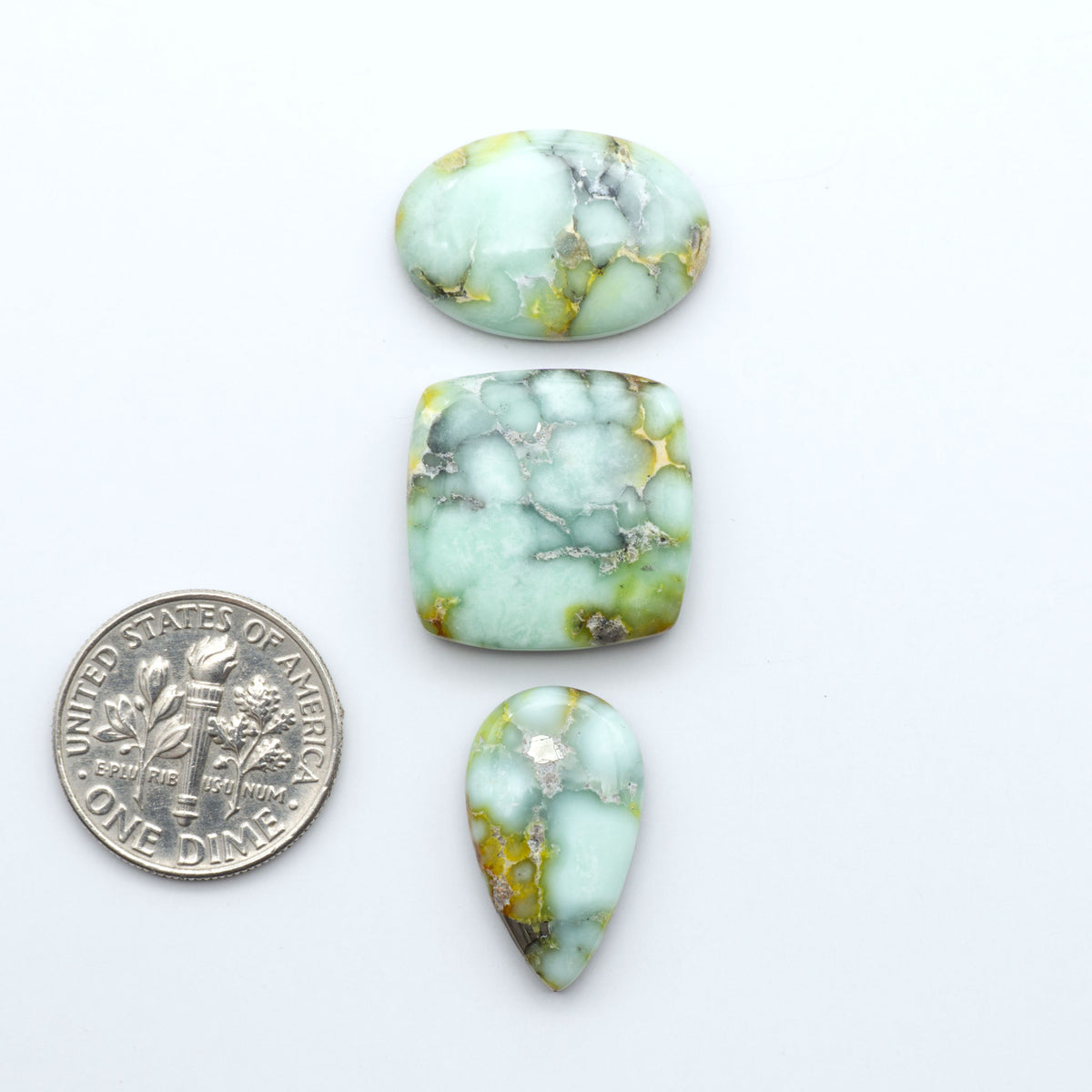 Palomino Variscite cabochons, polished yellow-green gemstones with natural matrix on a white background with a US dime for scale