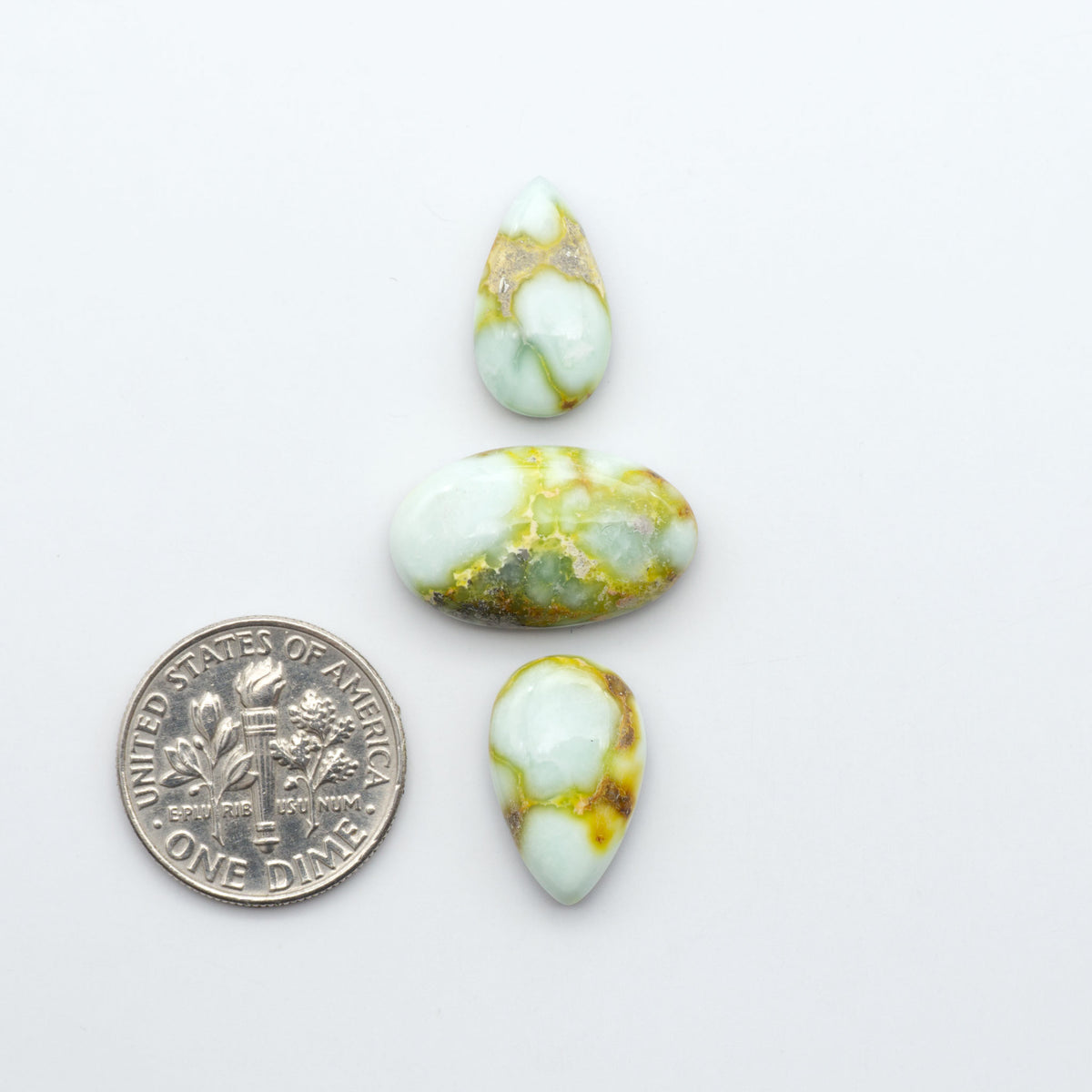 Palomino Variscite cabochons, polished yellow-green gemstones with natural matrix on a white background with a US dime for scale