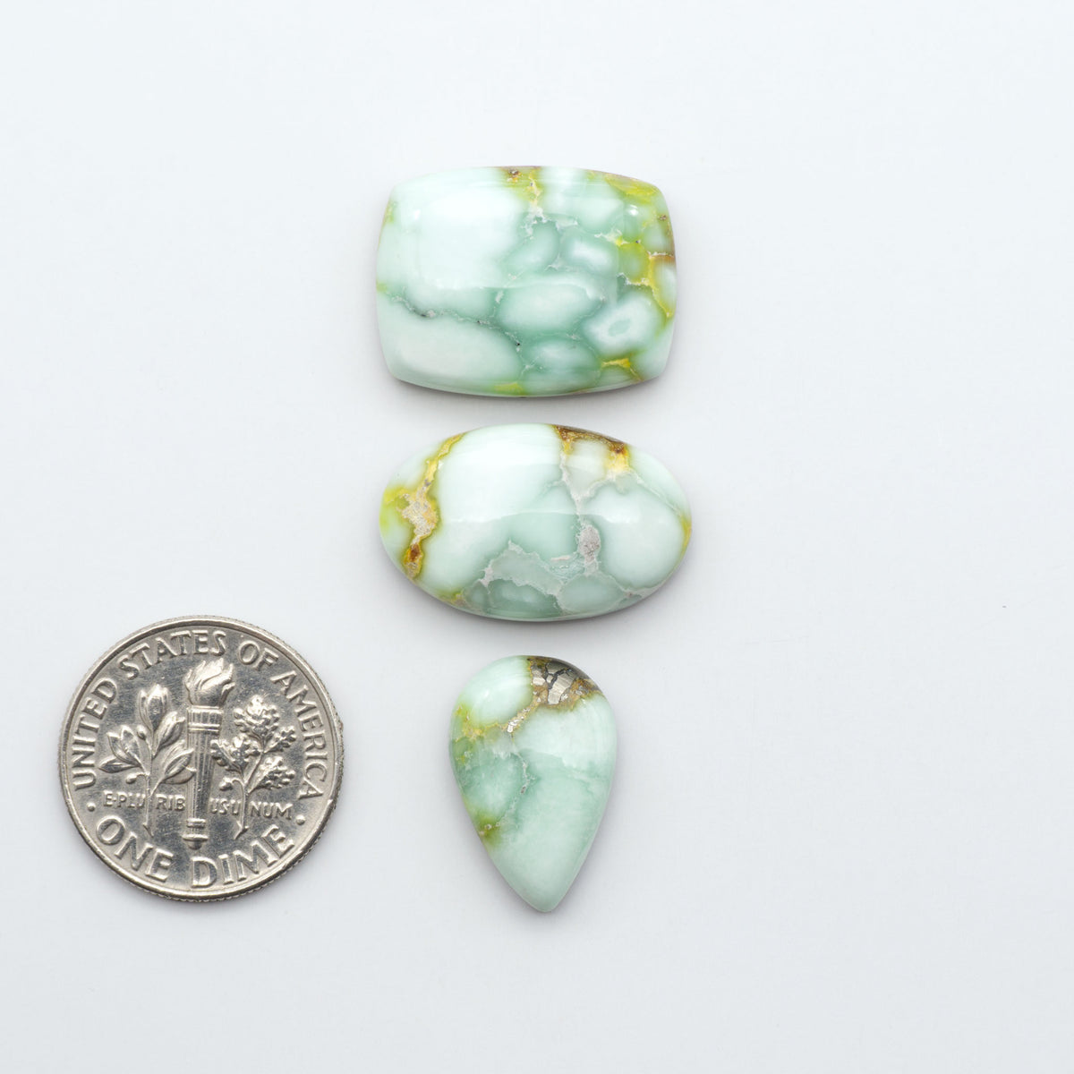 Palomino Variscite cabochons, polished yellow-green gemstones with natural matrix on a white background with a US dime for scale