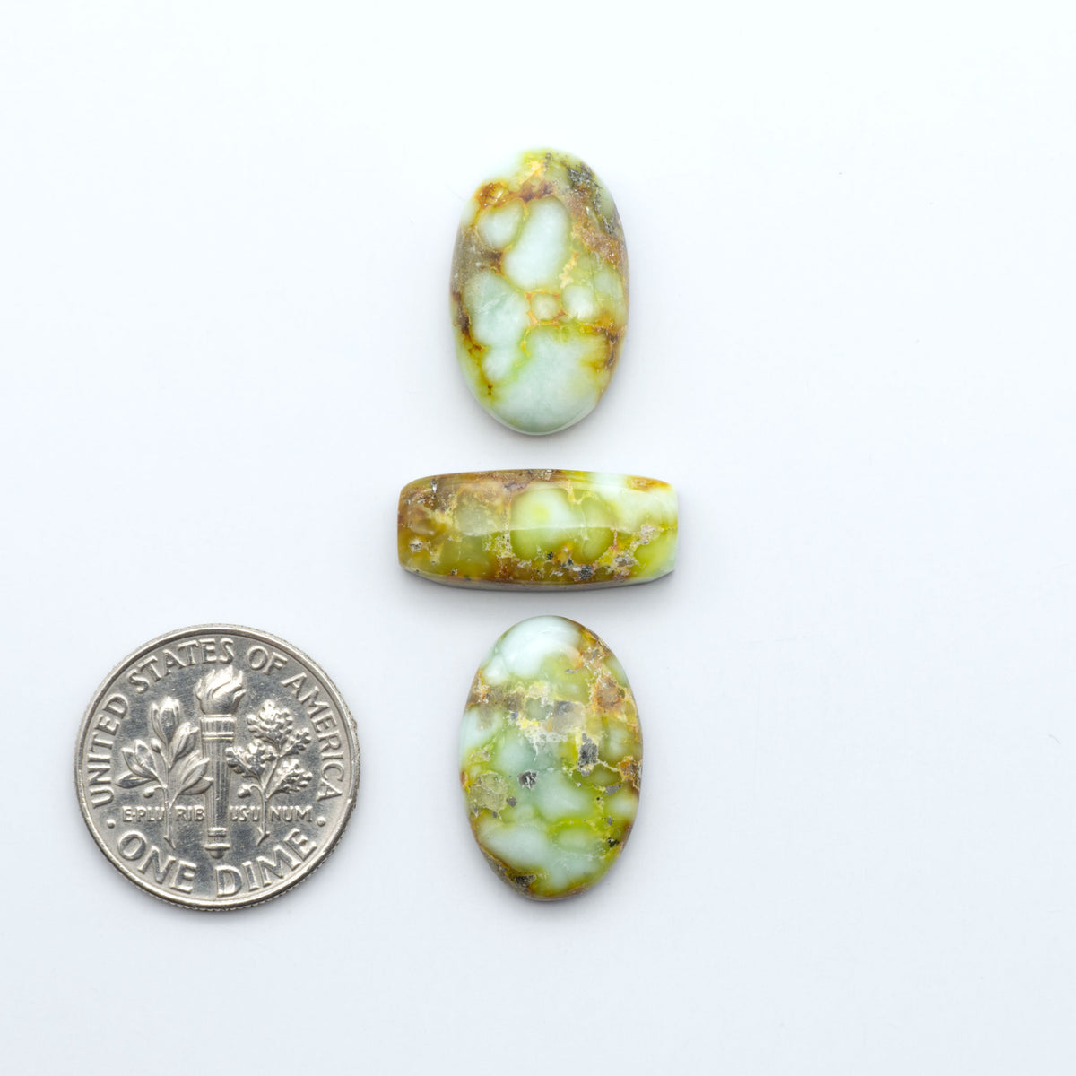 Palomino Variscite cabochons, polished yellow-green gemstones with natural matrix on a white background with a US dime for scale