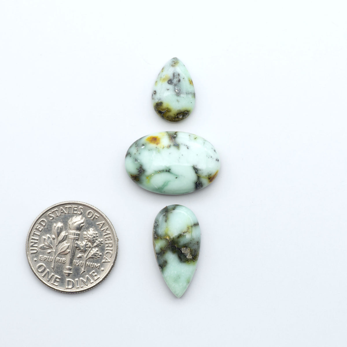 Palomino Variscite cabochons, polished yellow-green gemstones with natural matrix on a white background with a US dime for scale