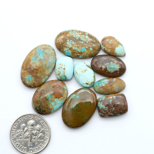 Pilot Mountain Turquoise cabochons, blue-green gemstones with natural matrix on a white background with a US dime for scale