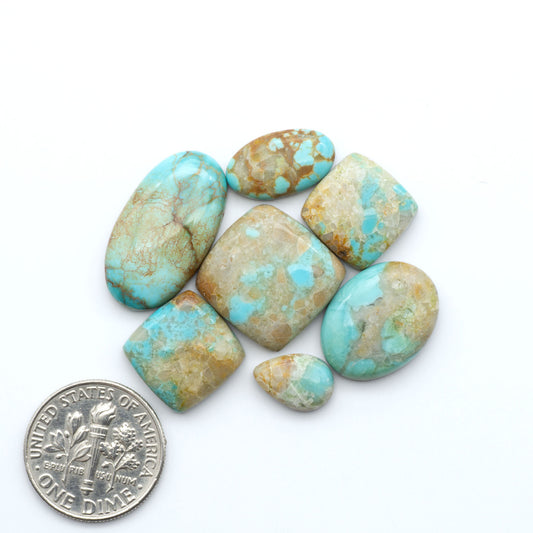 Pilot Mountain Turquoise cabochons, blue-green gemstones with natural matrix on a white background with a US dime for scale