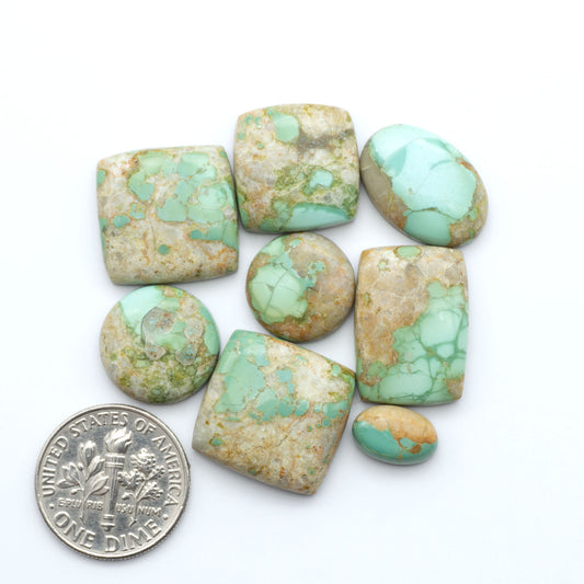 Pilot Mountain Turquoise cabochons, blue-green gemstones with natural matrix on a white background with a US dime for scale