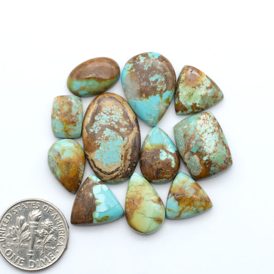 Pilot Mountain Turquoise cabochons, blue-green gemstones with natural matrix on a white background with a US dime for scale