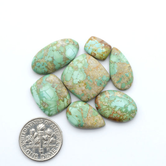 Pilot Mountain Turquoise cabochons, blue-green gemstones with natural matrix on a white background with a US dime for scale