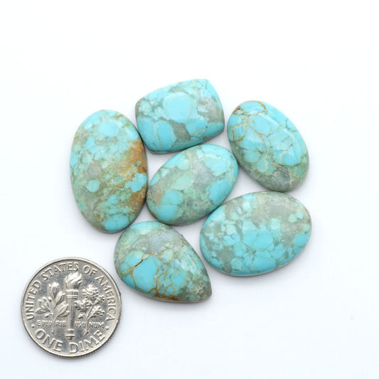Pilot Mountain Turquoise cabochons, blue-green gemstones with natural matrix on a white background with a US dime for scale
