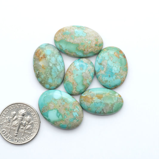 Pilot Mountain Turquoise cabochons, blue-green gemstones with natural matrix on a white background with a US dime for scale