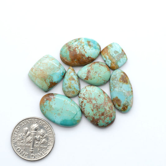 Pilot Mountain Turquoise cabochons, blue-green gemstones with natural matrix on a white background with a US dime for scale