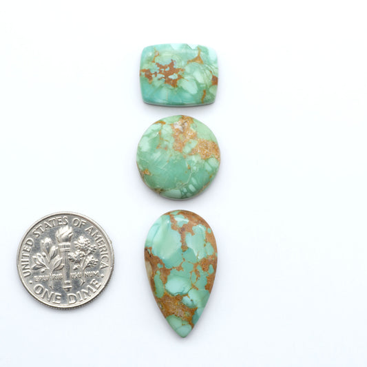Pilot Mountain Turquoise cabochons, blue-green gemstones with natural matrix on a white background with a US dime for scale