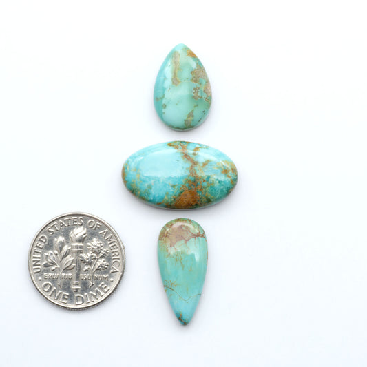Pilot Mountain Turquoise cabochons, blue-green gemstones with natural matrix on a white background with a US dime for scale