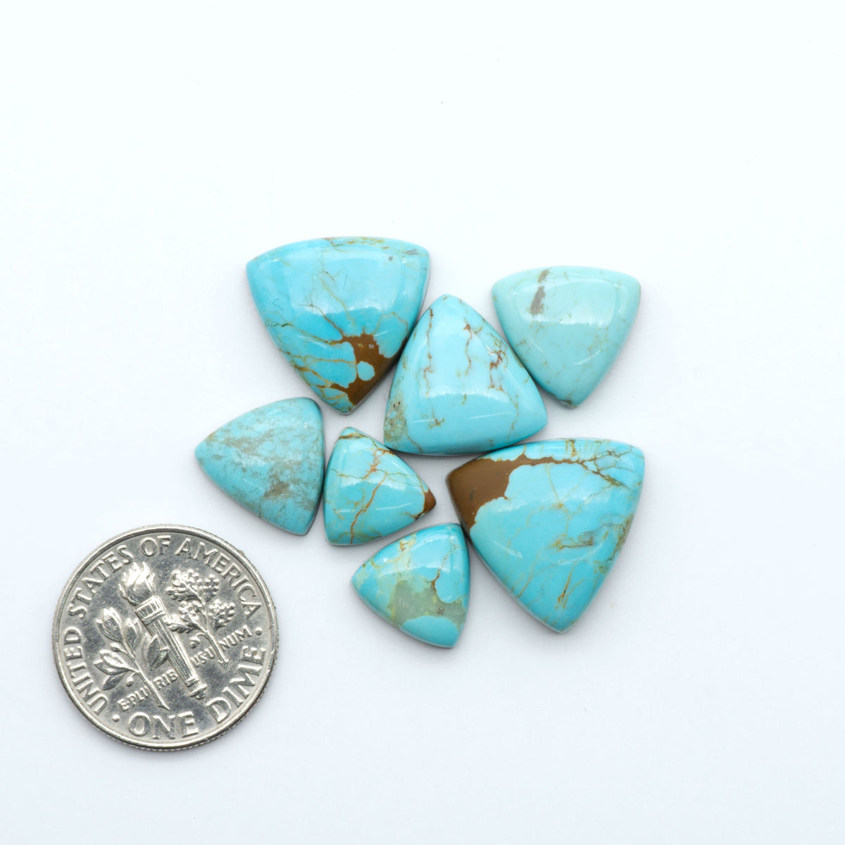 Number 8 Turquoise cabochons, blue and green color with brown matrix, polished stones on a white background, with a US dime for scale