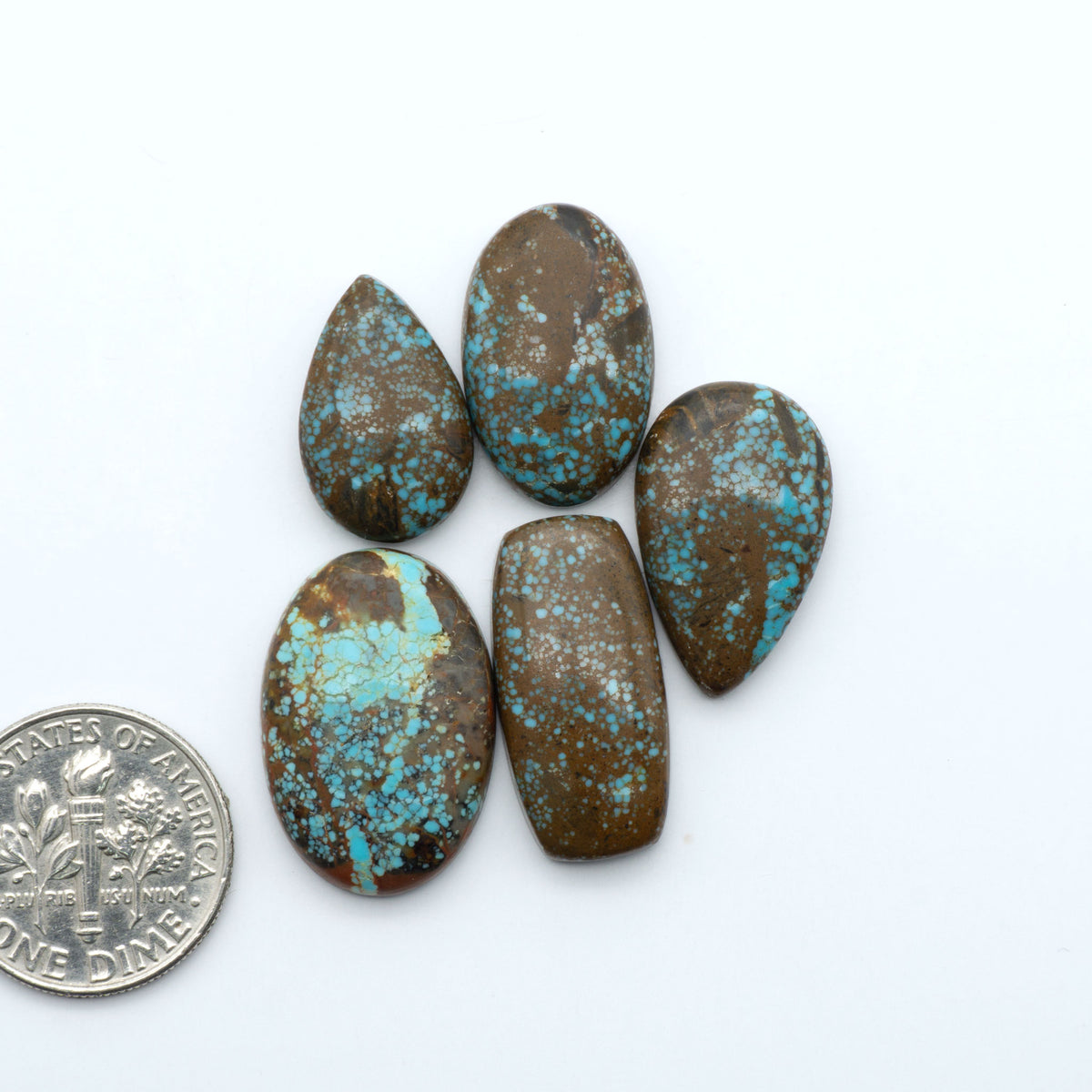 Number 8 Turquoise cabochons, blue and green color with brown matrix, polished stones on a white background, with a US dime for scale
