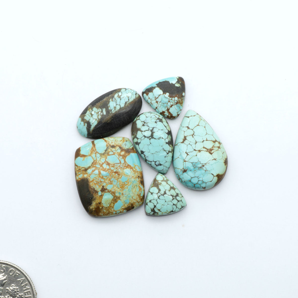 Number 8 Turquoise cabochons, blue and green color with brown matrix, polished stones on a white background, with a US dime for scale