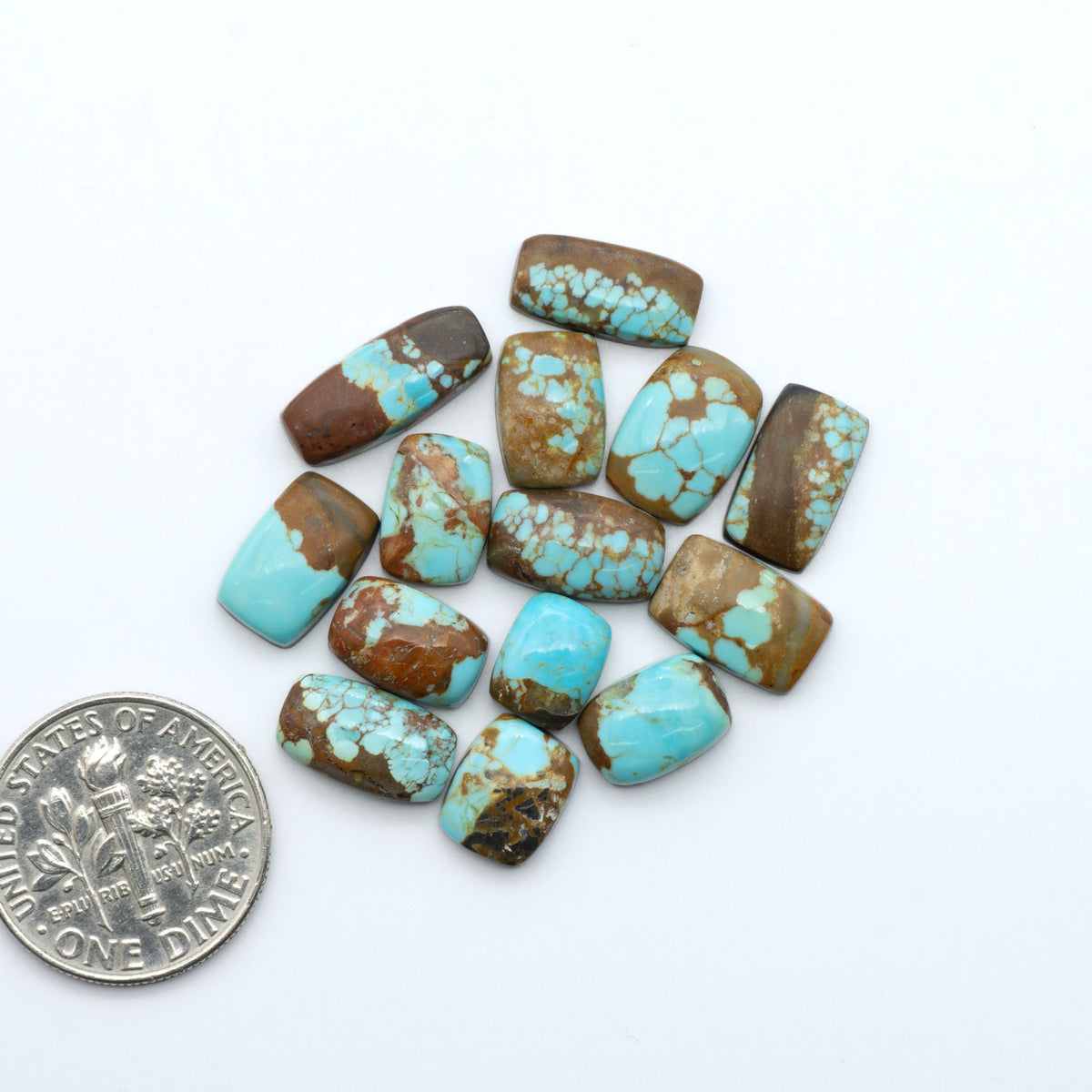Number 8 Turquoise cabochons, blue and green color with brown matrix, polished stones on a white background, with a US dime for scale