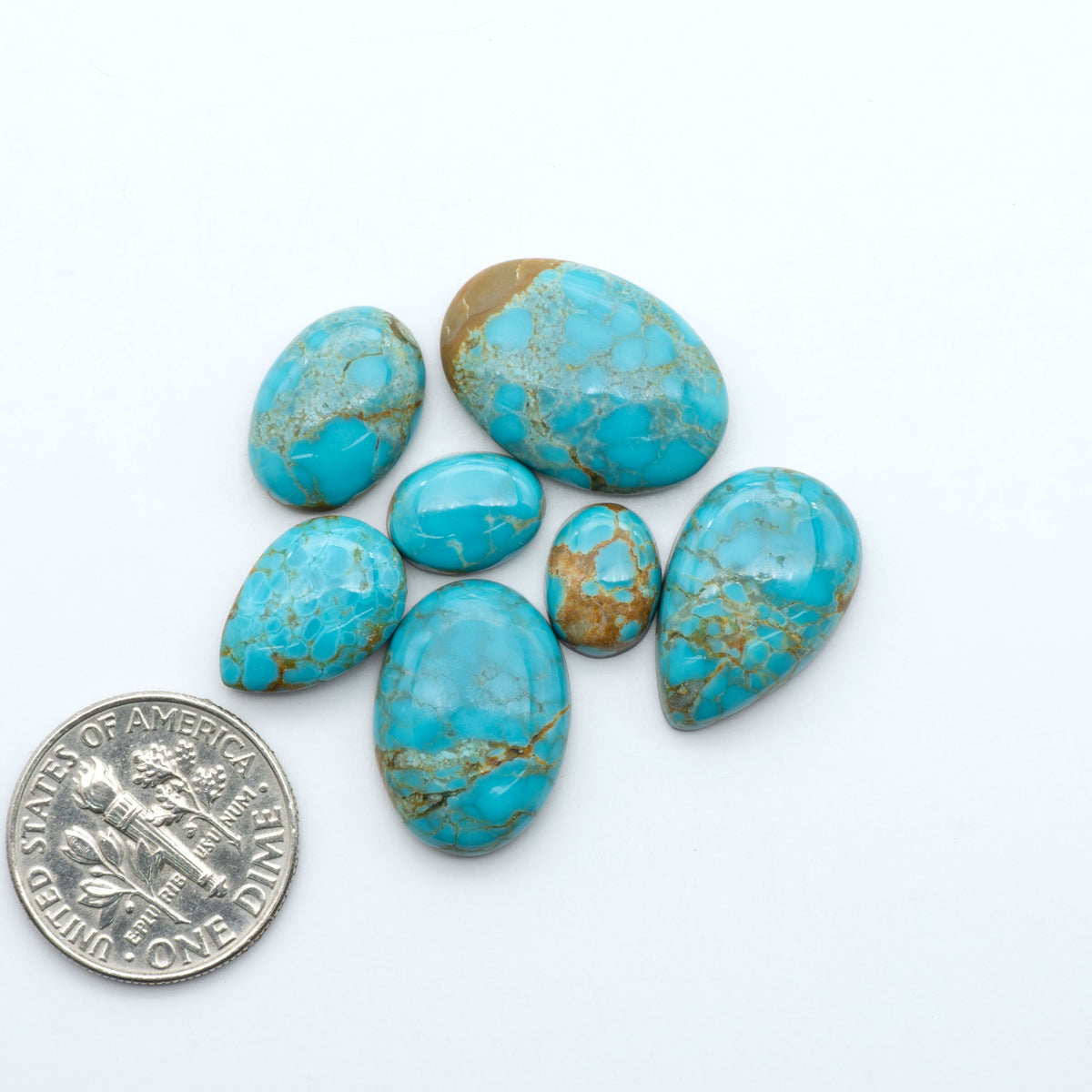 Number 8 Turquoise cabochons, blue and green color with brown matrix, polished stones on a white background, with a US dime for scale